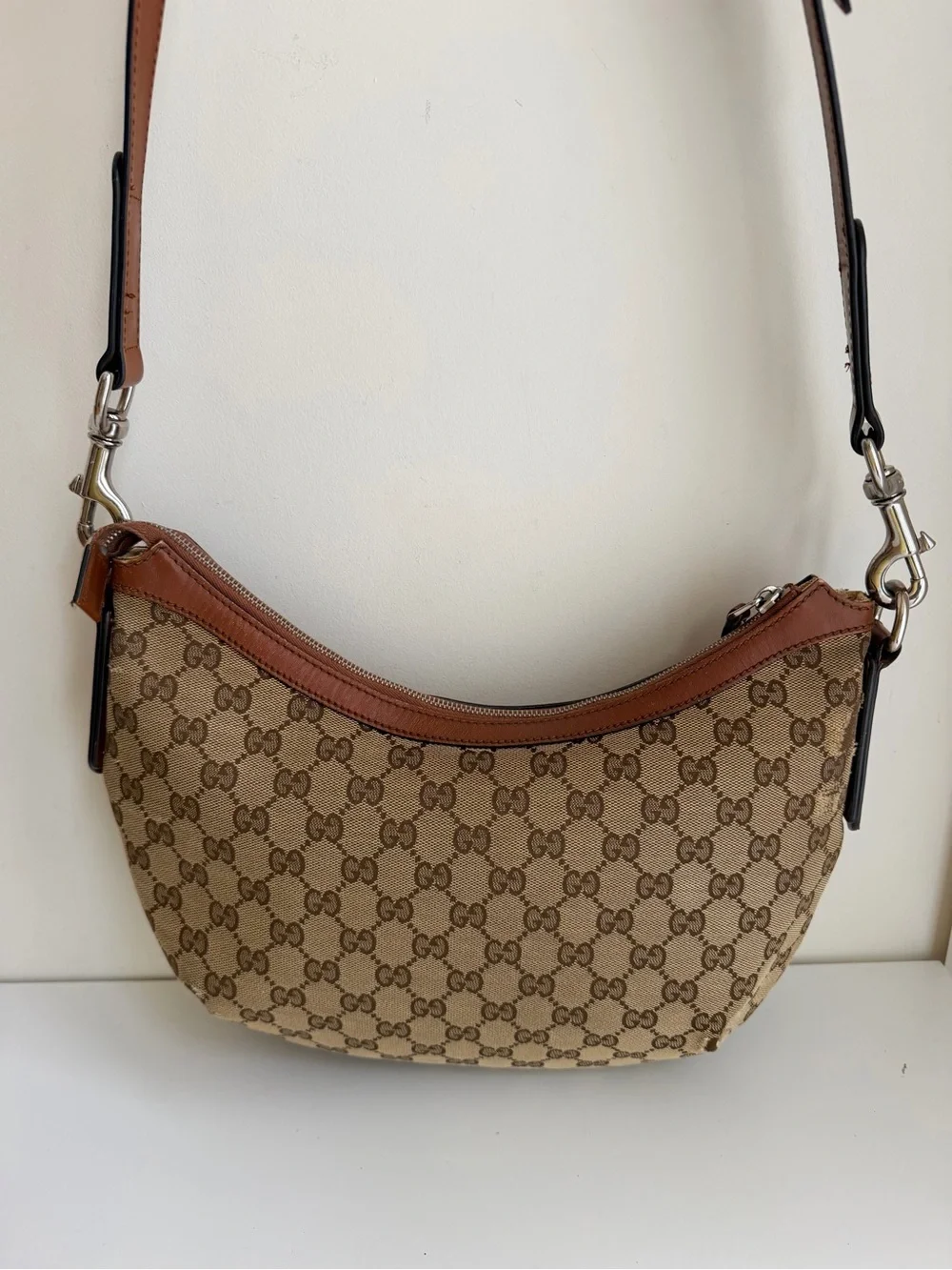Authentic GUCCI GG Canvas Web Sherry Line Half Moon Crossbody bag